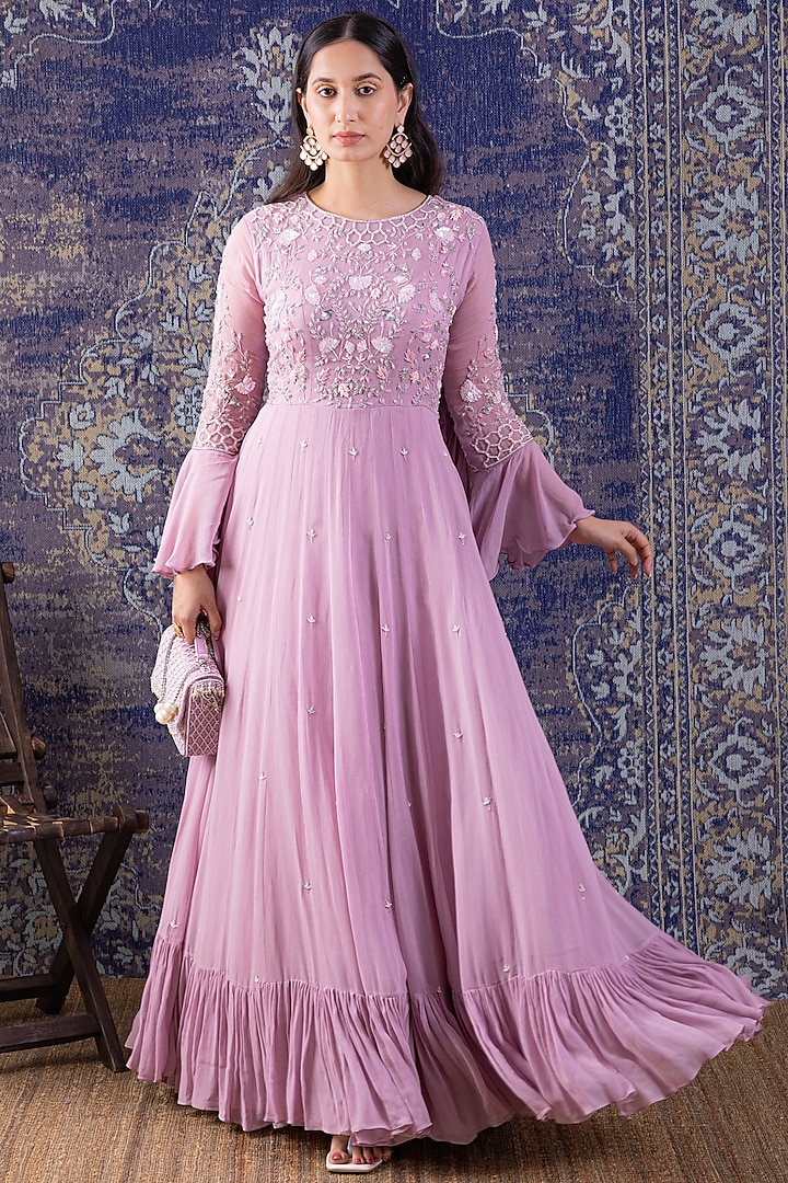 Lilac Embroidered Tiered Gown by Baidehi