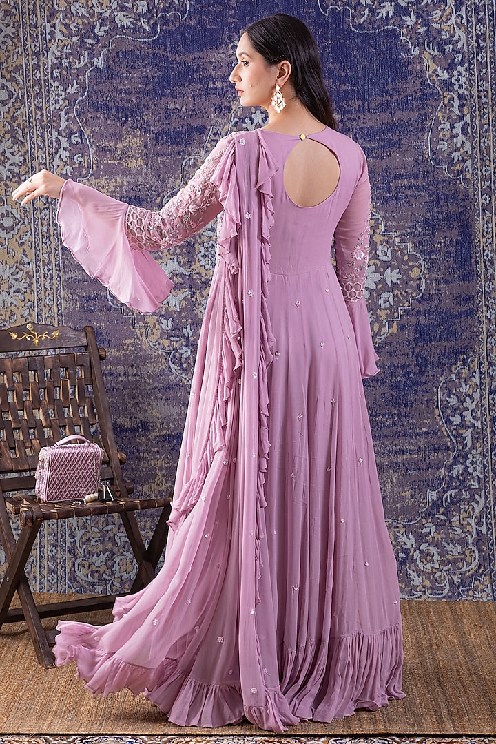 Lilac Embroidered Tiered Party Wear Gown by Baidehi at Pernia's Pop Up Shop