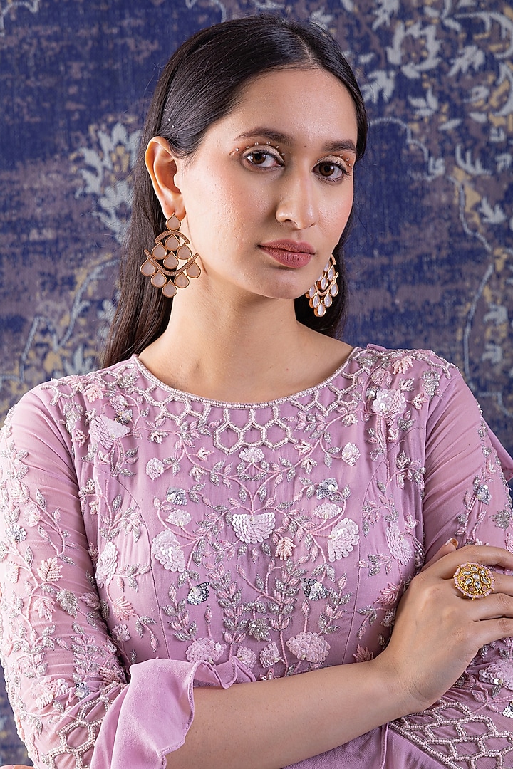 Lilac Embroidered Tiered Party Wear Gown by Baidehi at Pernia's Pop Up Shop