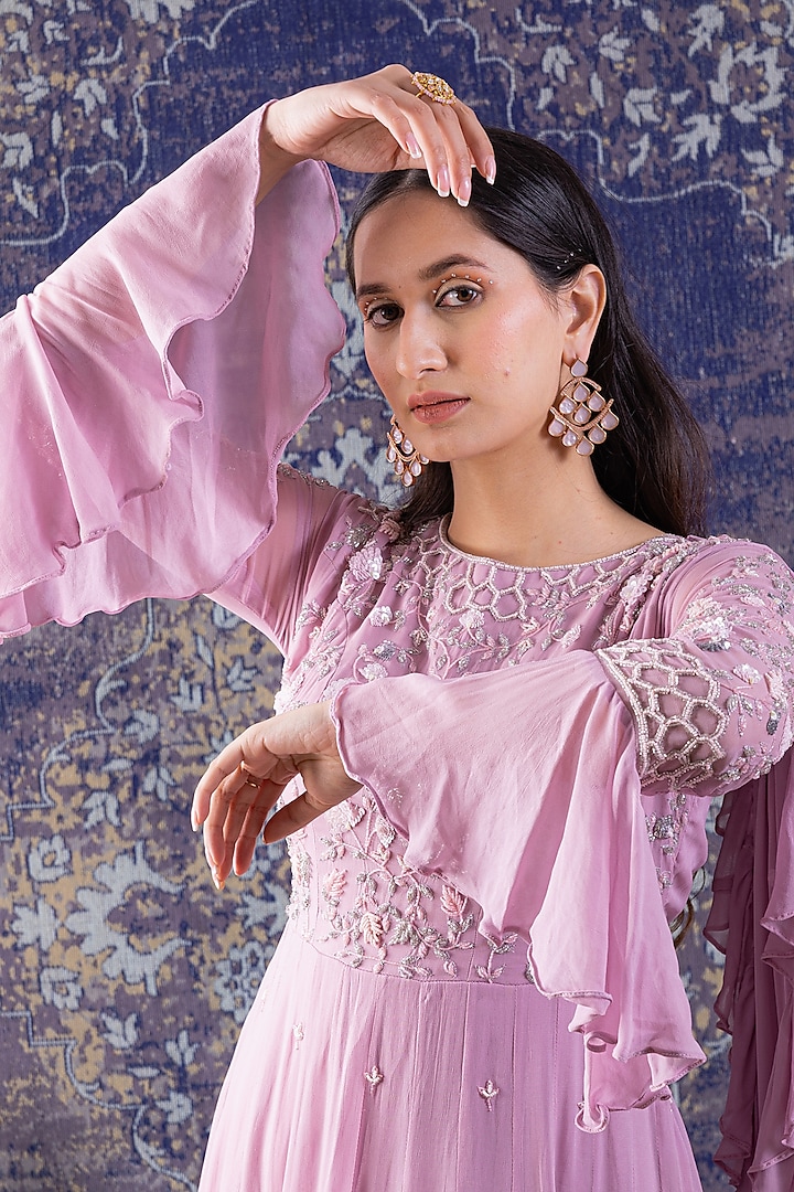 Lilac Embroidered Tiered Party Wear Gown by Baidehi at Pernia's Pop Up Shop