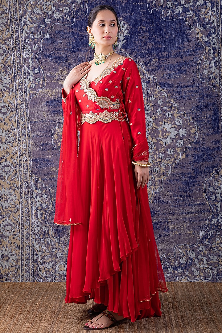 Tomato Red Embroidered Anarkali With Dupatta by Baidehi
