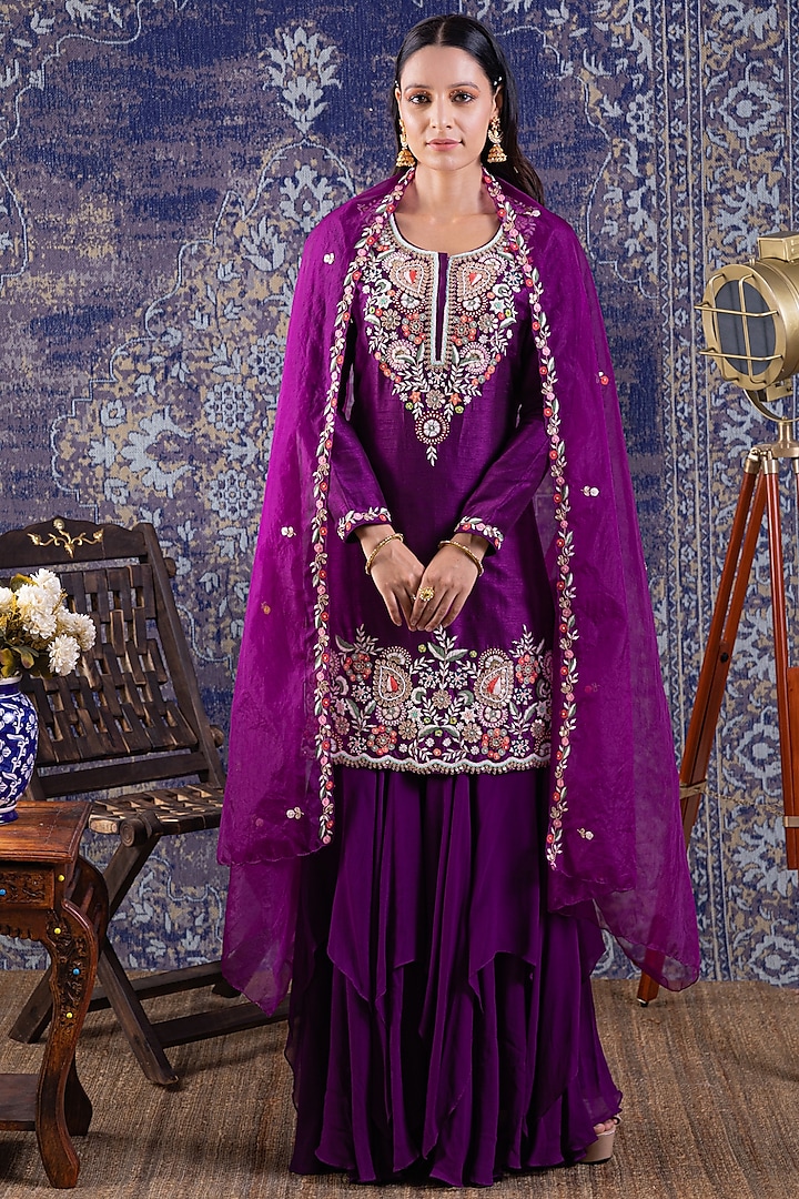 Purple Georgette Layered Sharara Set by Baidehi at Pernia's Pop Up Shop