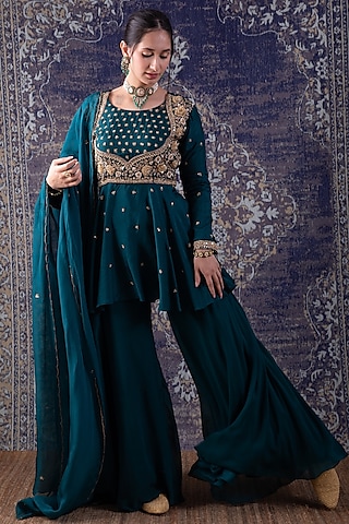 Green Georgette Flared Sharara Set by Baidehi