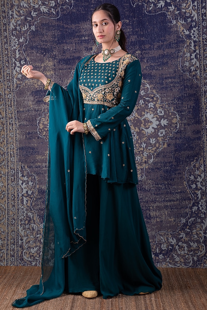Green Georgette Flared Party Wear Sharara Set by Baidehi at Pernia's Pop Up Shop