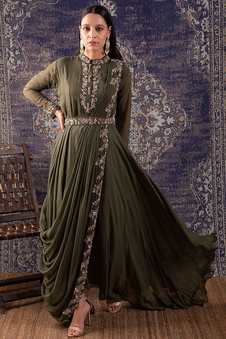 Mehendi Green Embroidered Draped Pleated Gown by Baidehi