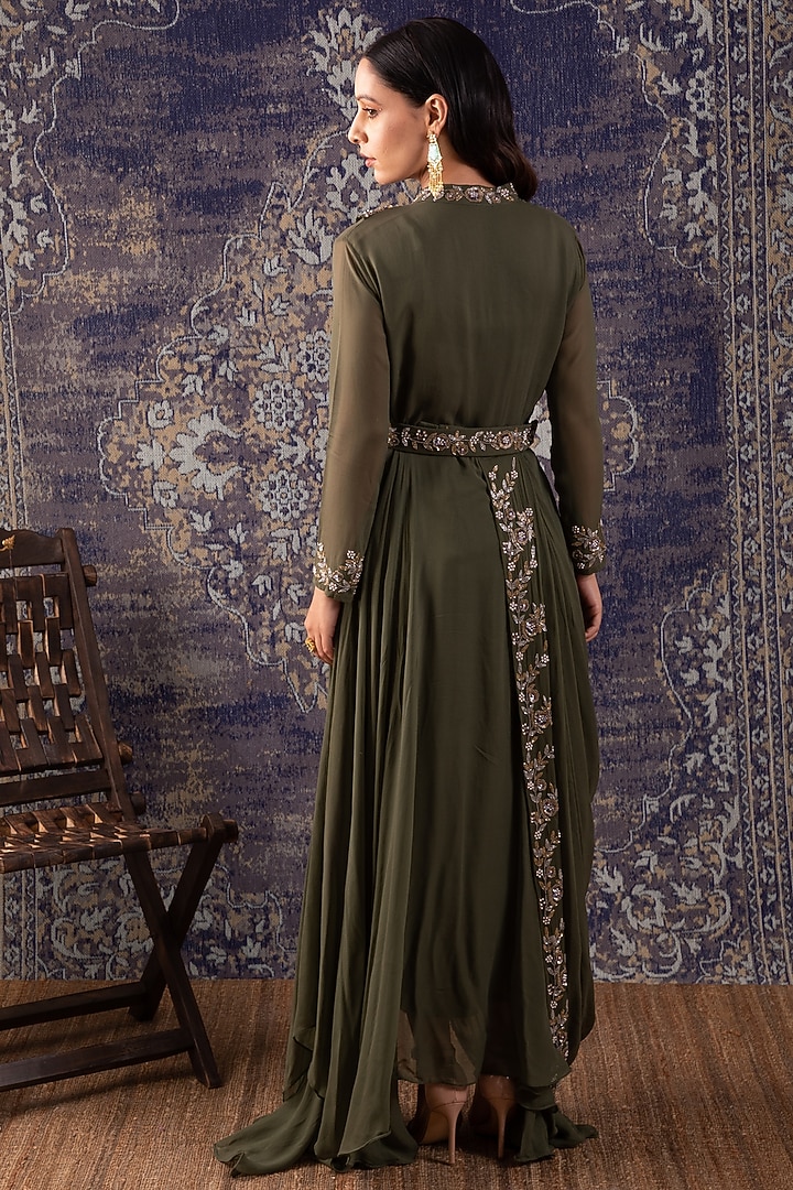 Mehendi Green Embroidered Draped Pleated Party Wear Gown by Baidehi at Pernia's Pop Up Shop