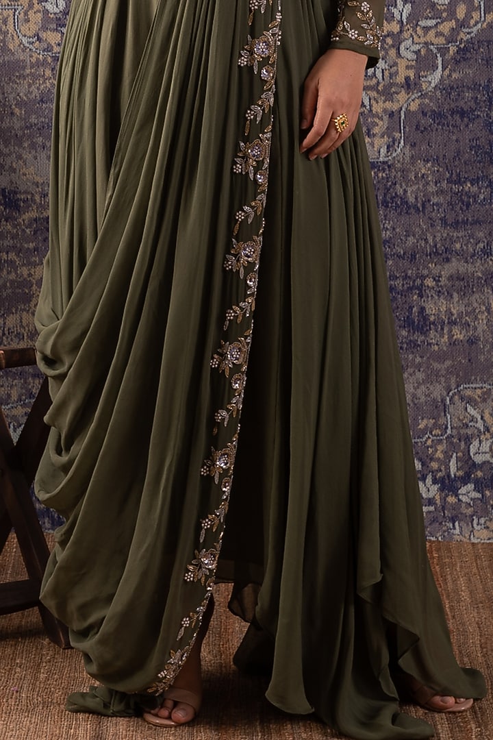 Pernia's Pop Up Shop - Baidehi Women Mehendi Green Embroidered Draped Pleated Gown Pernia's Pop Up Shop - Baidehi Women Mehendi Green Embroidered Draped Pleated Gown