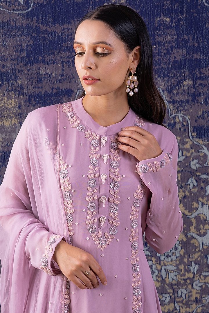 Lilac Embroidered Asymmetrical Party Wear Anarkali With Dupatta by Baidehi at Pernia's Pop Up Shop