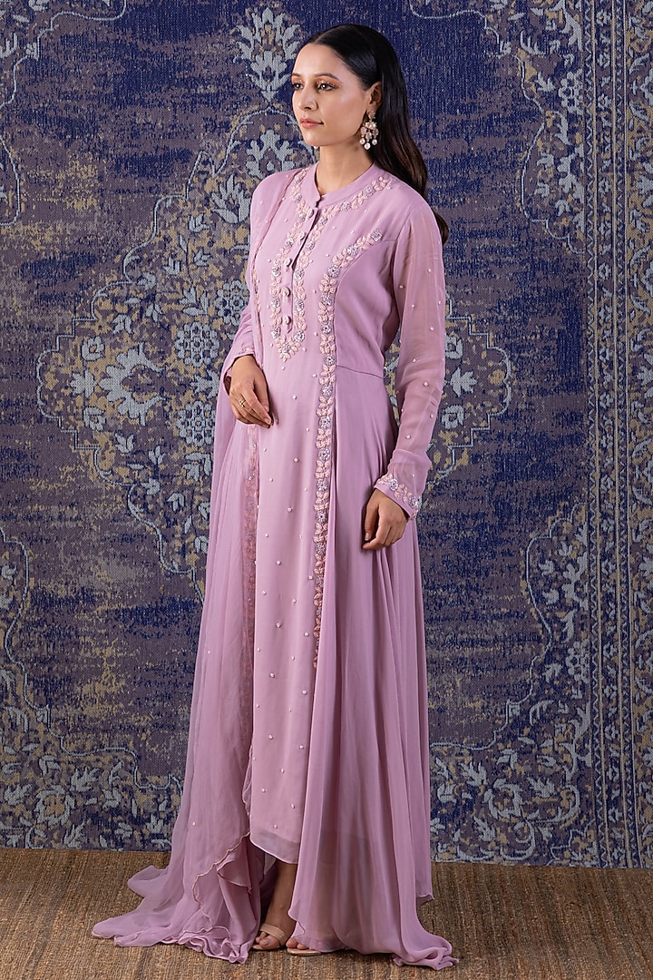 Lilac Embroidered Asymmetrical Party Wear Anarkali With Dupatta by Baidehi at Pernia's Pop Up Shop