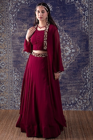 Wine Embroidered Cape Lehenga Set by Baidehi