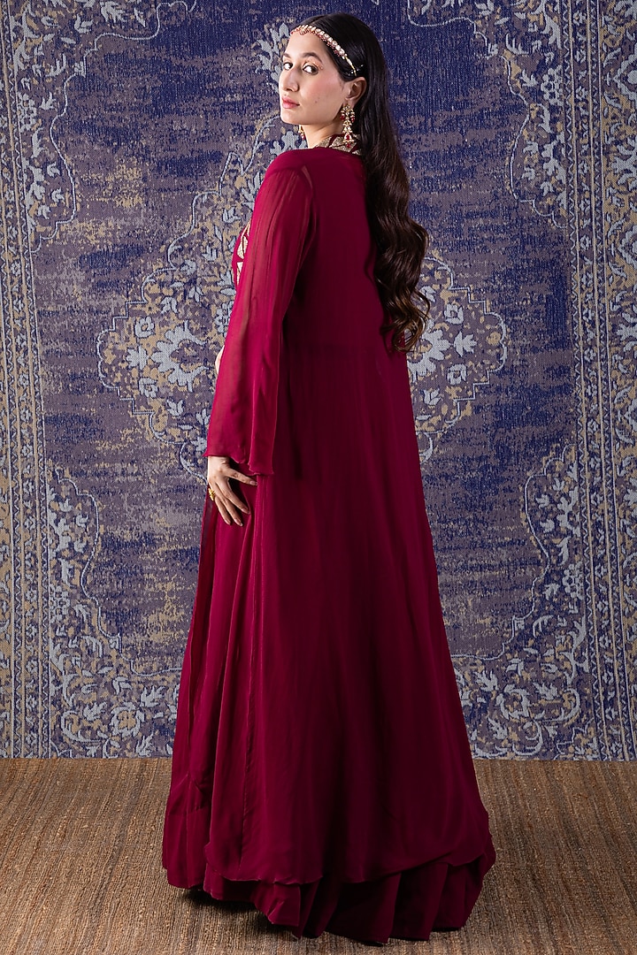 Wine Embroidered Cape Lehenga Set by Baidehi at Pernia's Pop Up Shop