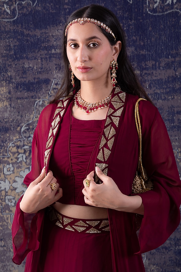 Wine Embroidered Cape Lehenga Set by Baidehi at Pernia's Pop Up Shop