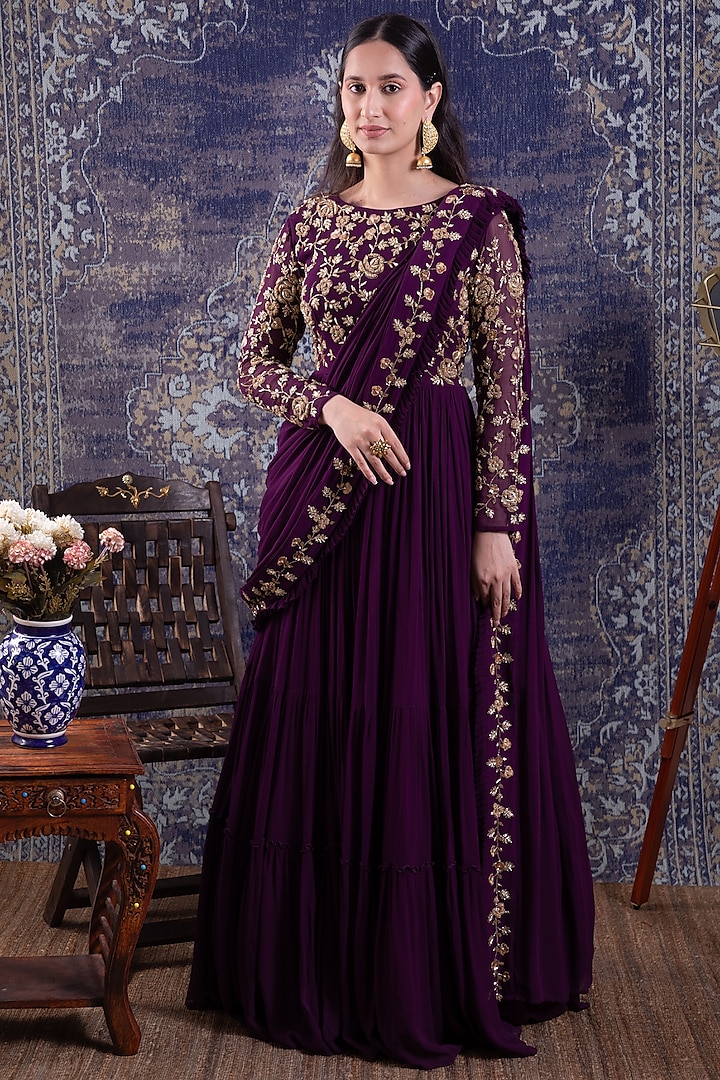 Purple Embroidered Draped Gown Saree by Baidehi
