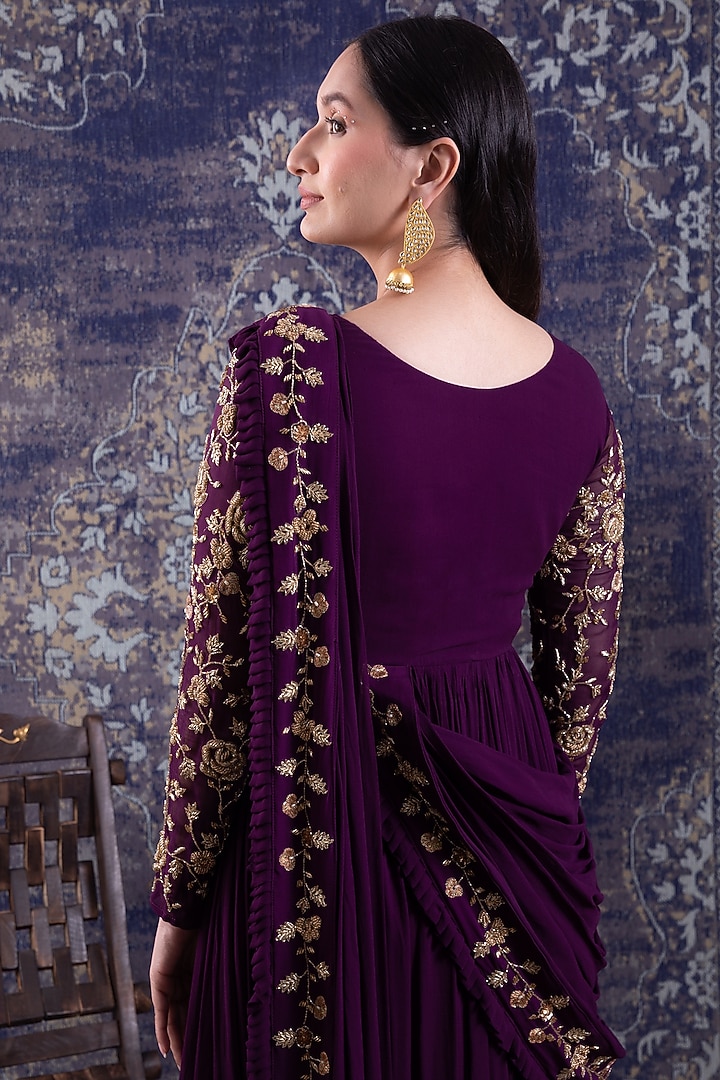 Purple Embroidered Draped Wedding Gown Saree by Baidehi at Pernia's Pop Up Shop