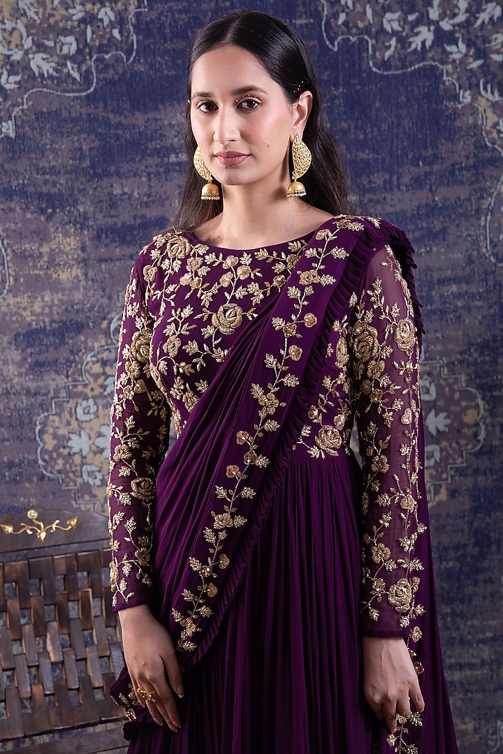 Purple Embroidered Draped Wedding Gown Saree by Baidehi at Pernia's Pop Up Shop
