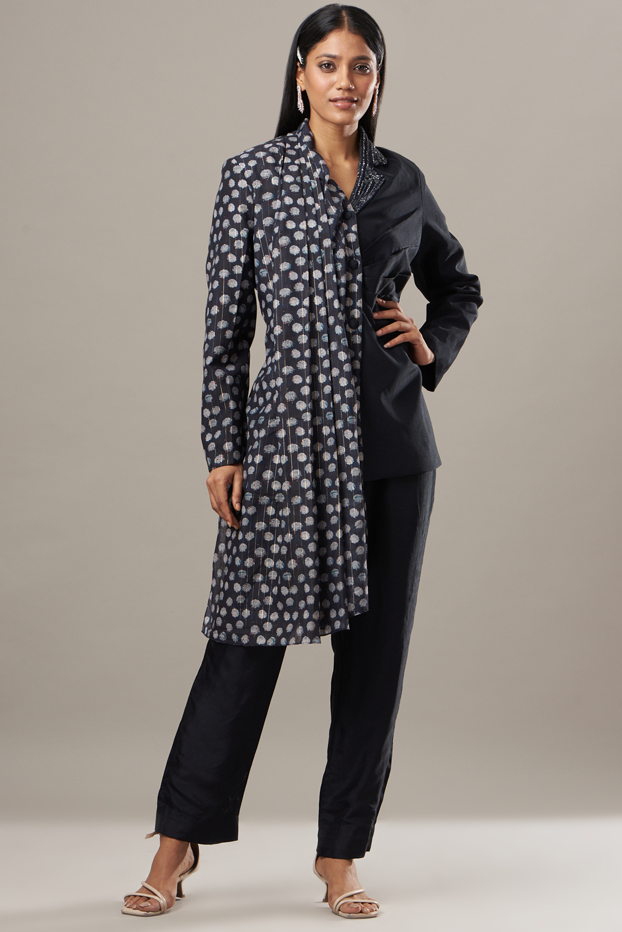 Navy Blue Printed Blazer Set by Baidehi