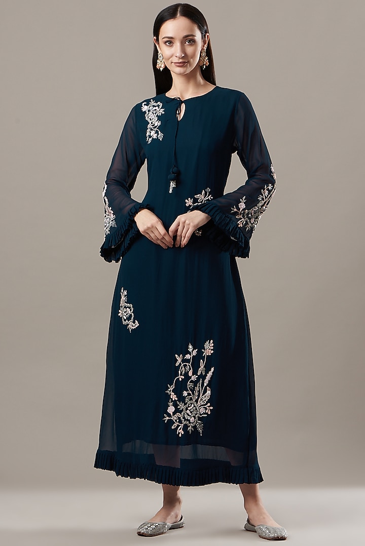 Blue Georgette Midi Dress by Baidehi