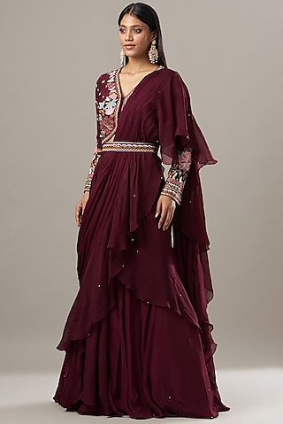Wine Crepe Draped Lehenga Set by Baidehi