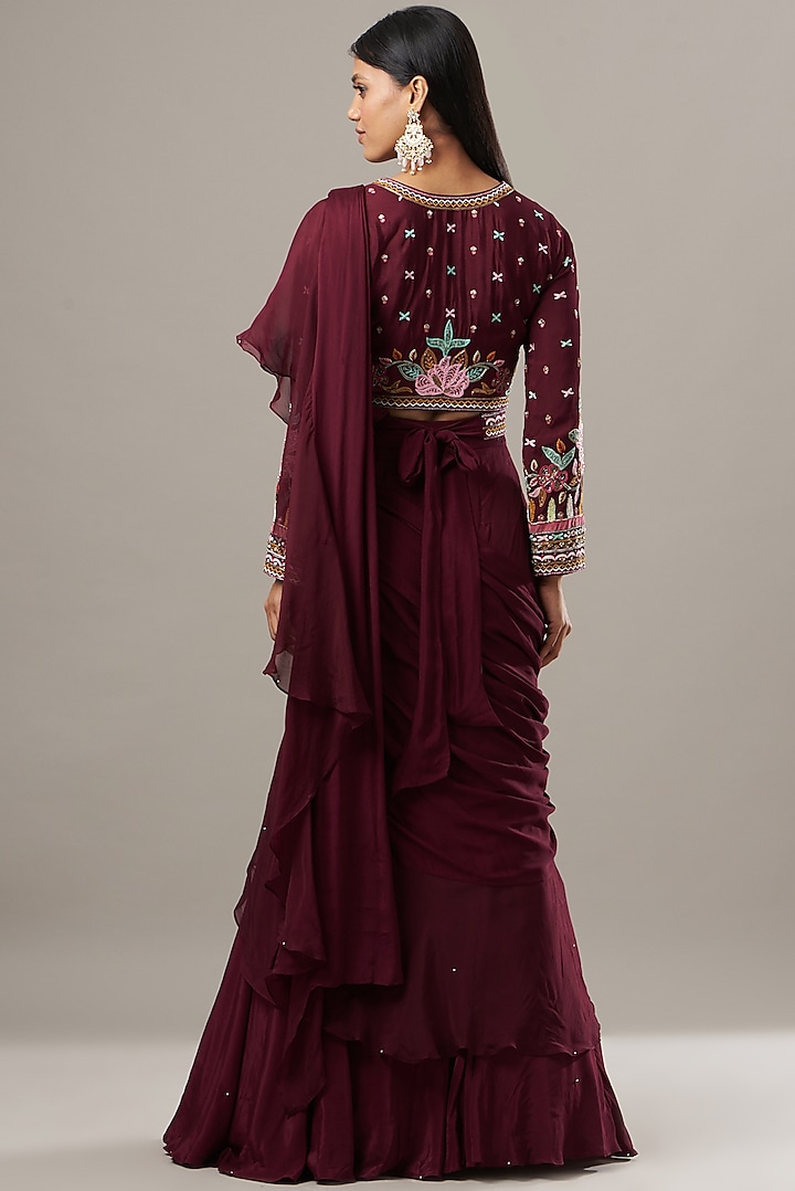 Wine Crepe Draped Lehenga Set by Baidehi at Pernia's Pop Up Shop