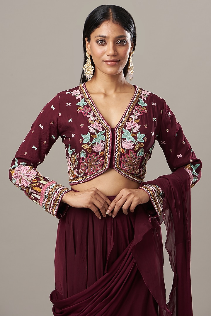 Wine Crepe Draped Lehenga Set by Baidehi at Pernia's Pop Up Shop
