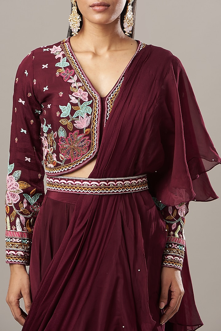 Wine Crepe Draped Lehenga Set by Baidehi at Pernia's Pop Up Shop
