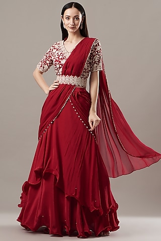 Red Crepe Draped Lehenga Set by Baidehi