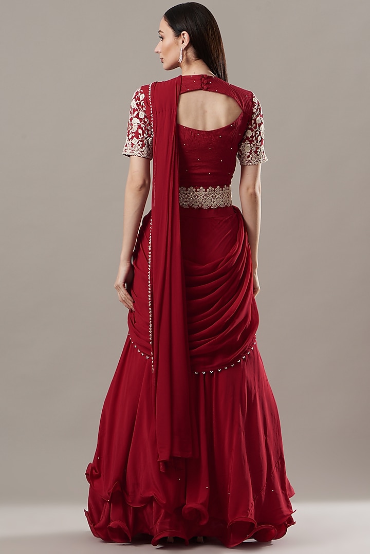 Red Crepe Draped Lehenga Set by Baidehi at Pernia's Pop Up Shop