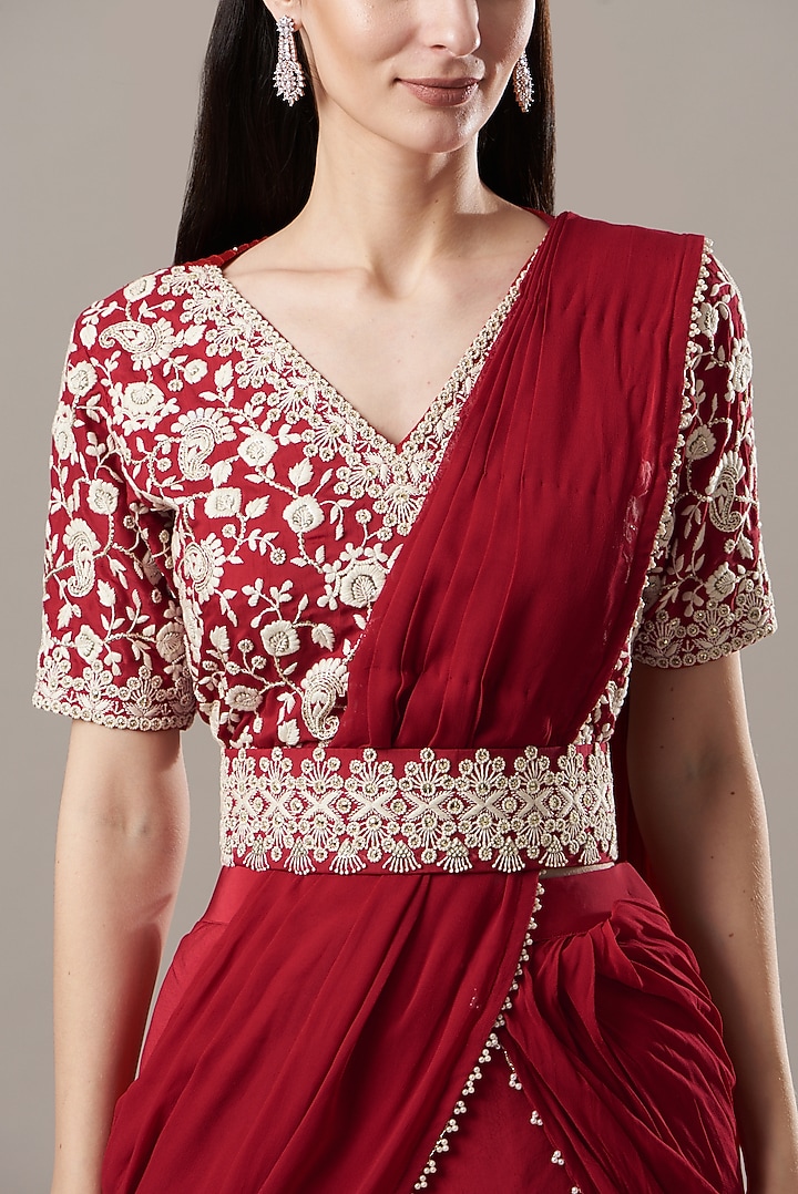 Red Crepe Draped Lehenga Set by Baidehi at Pernia's Pop Up Shop