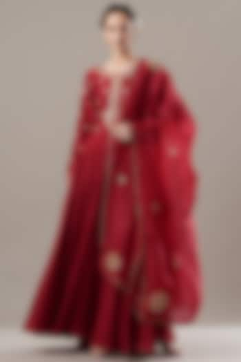 Red Bemberg Silk Anarkali Set by Baidehi at Pernia's Pop Up Shop