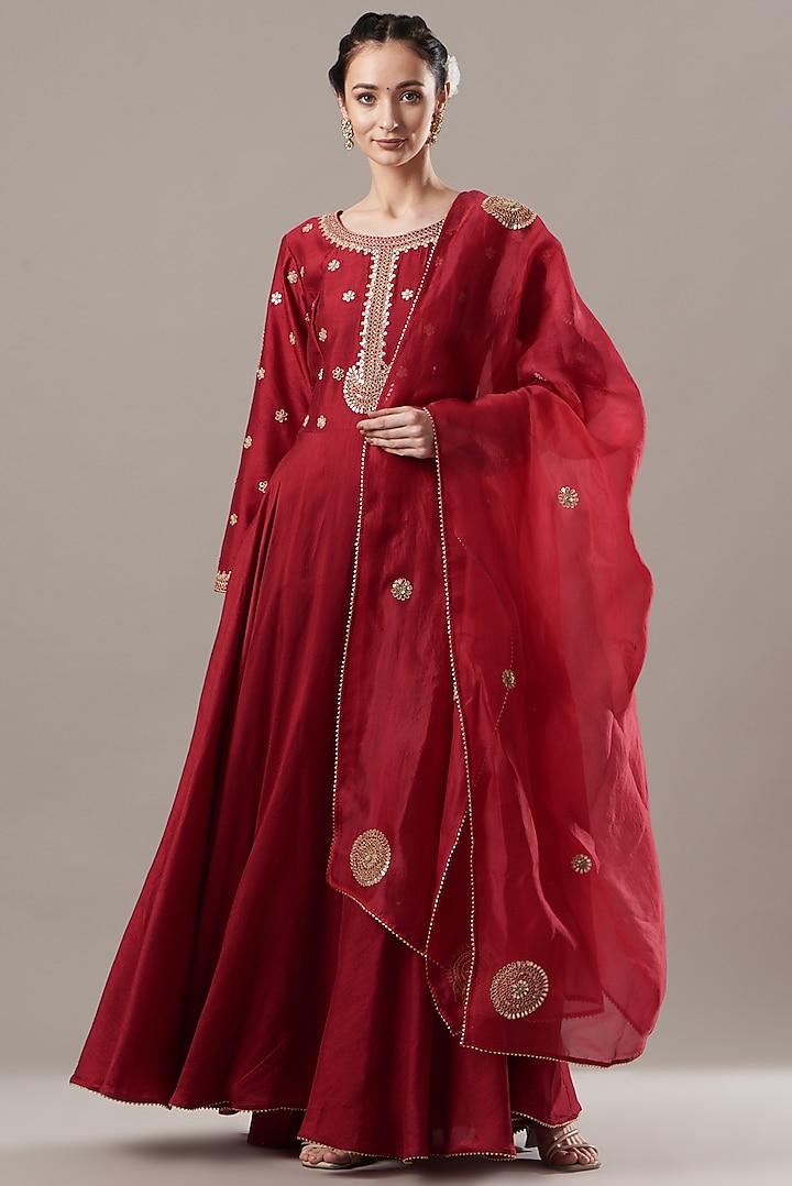 Red Bemberg Silk Anarkali Set by Baidehi