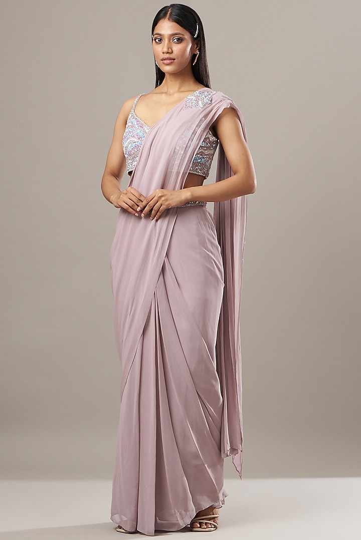 Lilac Embroidered Draped Saree Set by Baidehi at Pernia's Pop Up Shop