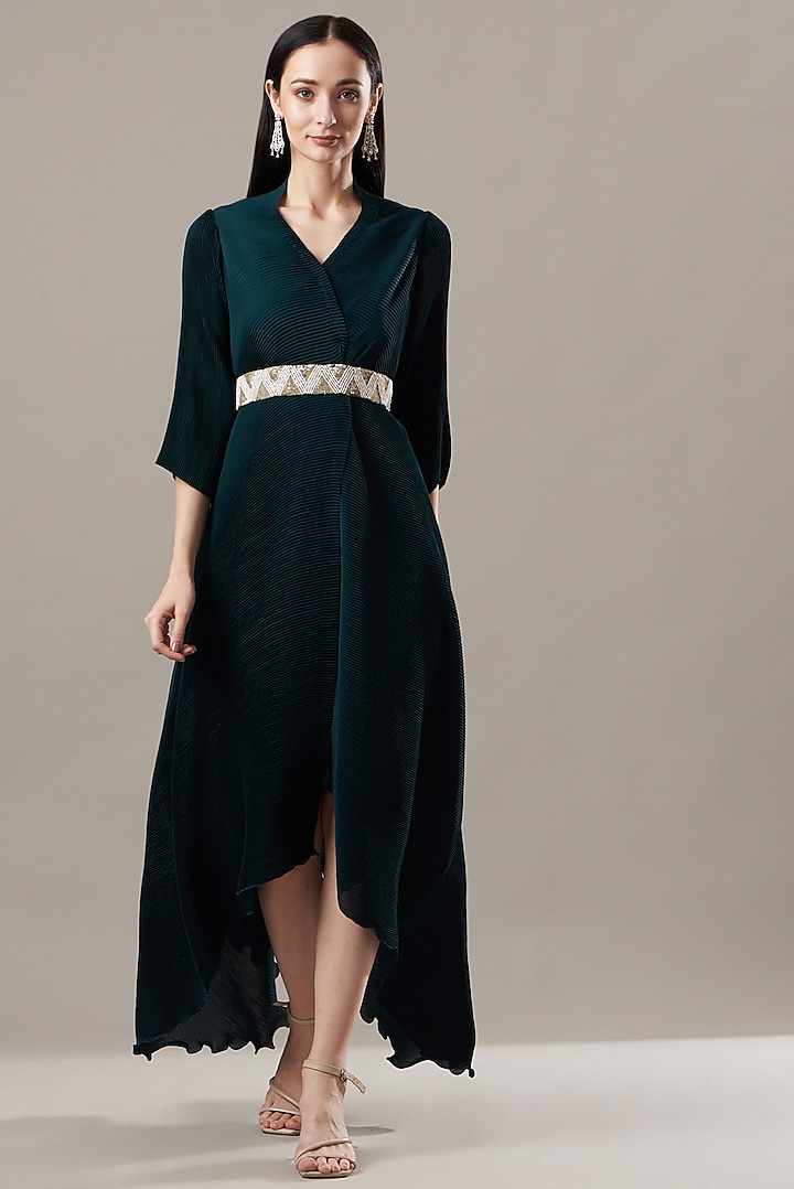 Teal Blue Embroidered Dress by Baidehi