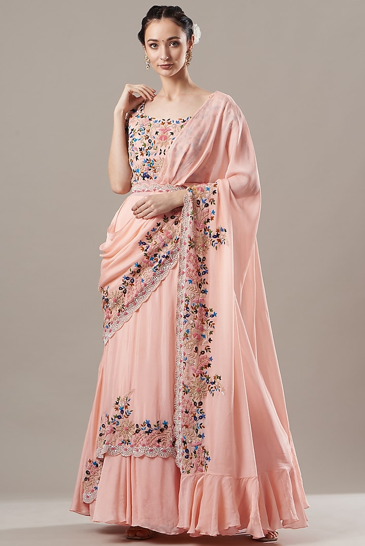 Pink Embroidered Gown Saree by Baidehi
