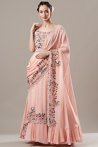 Pink Embroidered Gown Saree by Baidehi