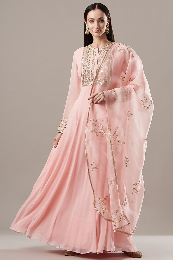 Pink Embroidered Party Wear Anarkali Set by Baidehi at Pernia's Pop Up Shop