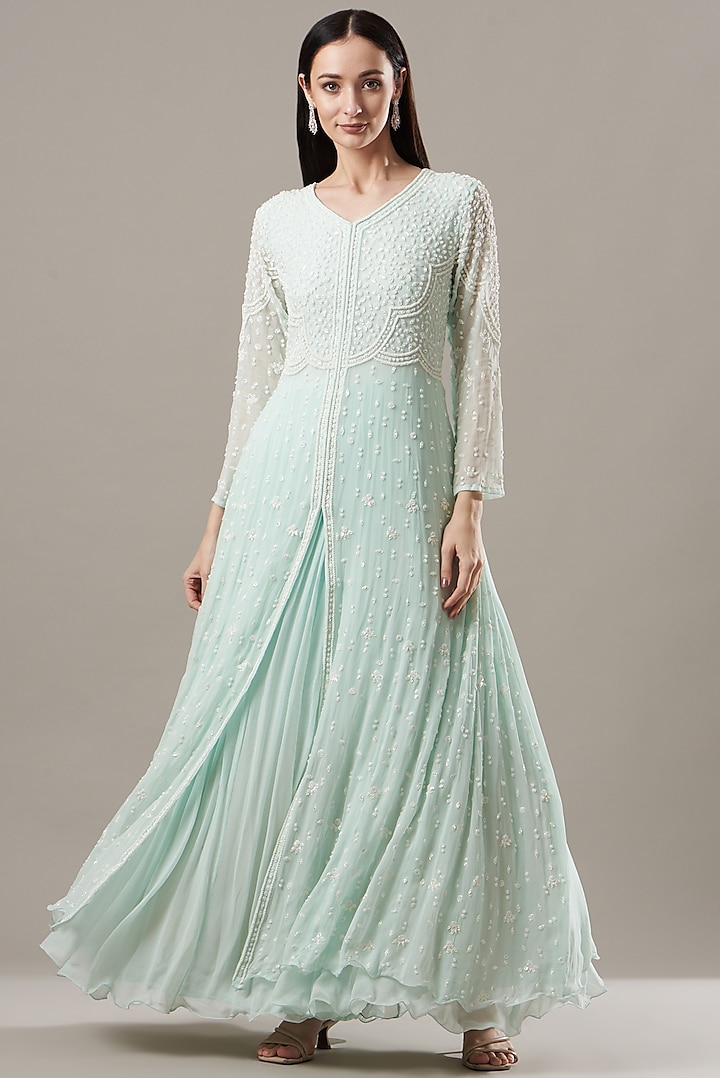 Ice Blue Embroidered Gown by Baidehi