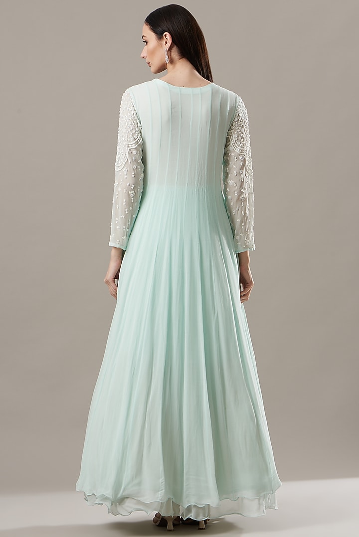 Ice Blue Embroidered Party Wear Gown by Baidehi at Pernia's Pop Up Shop