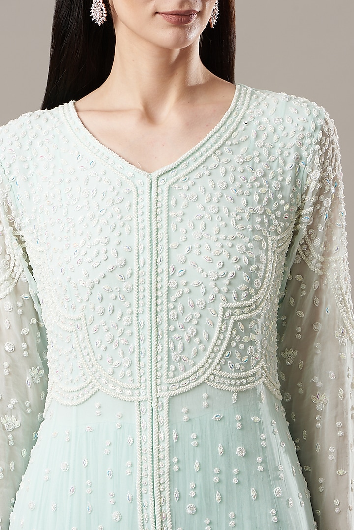 Ice Blue Embroidered Party Wear Gown by Baidehi at Pernia's Pop Up Shop