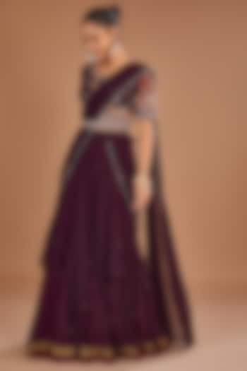 Wine Georgette Draped Lehenga Saree Set by Baidehi at Pernia's Pop Up Shop