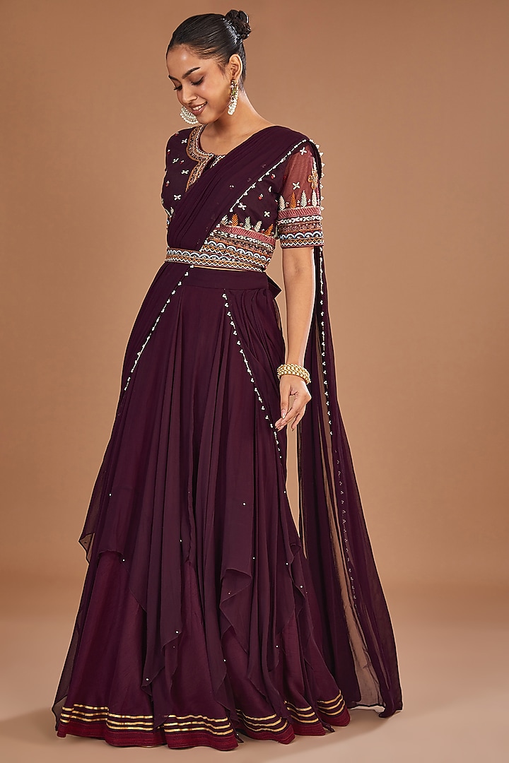 Wine Georgette Draped Lehenga Saree Set by Baidehi at Pernia's Pop Up Shop