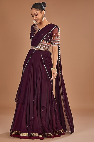 Wine Georgette Draped Lehenga Saree Set by Baidehi