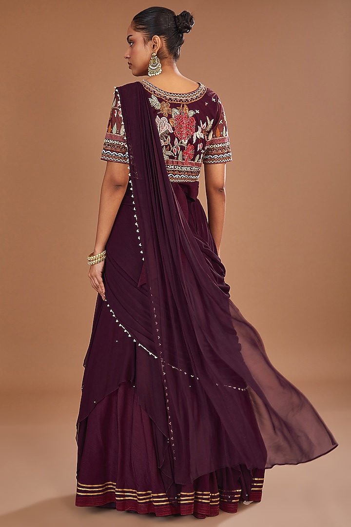 Wine Georgette Draped Wedding Lehenga Saree Set by Baidehi at Pernia's Pop Up Shop