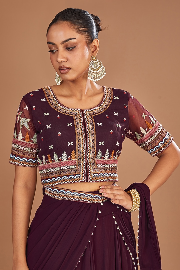 Wine Georgette Draped Wedding Lehenga Saree Set by Baidehi at Pernia's Pop Up Shop