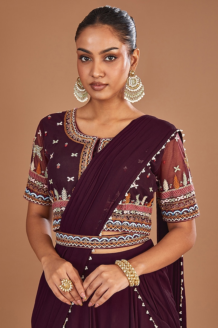 Wine Georgette Draped Wedding Lehenga Saree Set by Baidehi at Pernia's Pop Up Shop