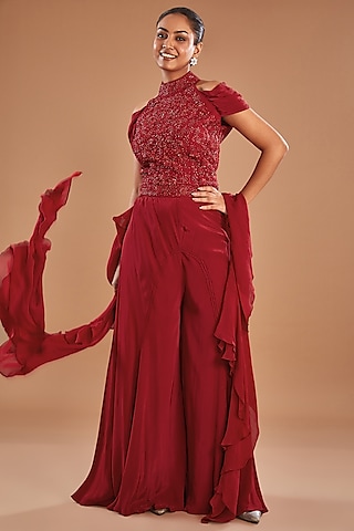Red Crepe Palazzo Pant Set by Baidehi