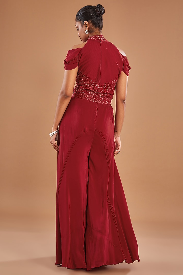 Red Crepe Palazzo Pant Set by Baidehi at Pernia's Pop Up Shop