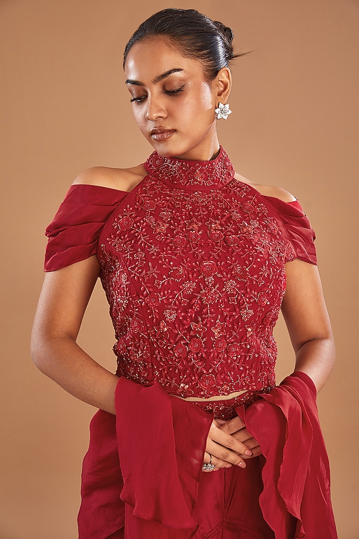 Red Crepe Palazzo Pant Set by Baidehi at Pernia's Pop Up Shop