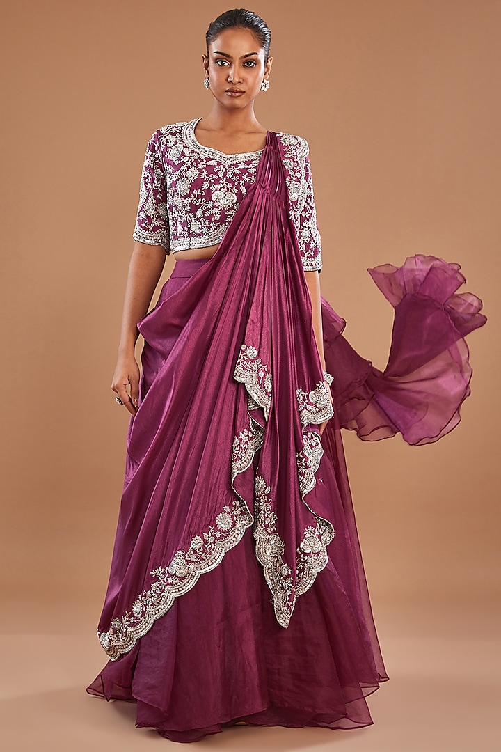 Onion Purple Chanderi Silk & Crepe Draped Wedding Lehenga Set by Baidehi at Pernia's Pop Up Shop