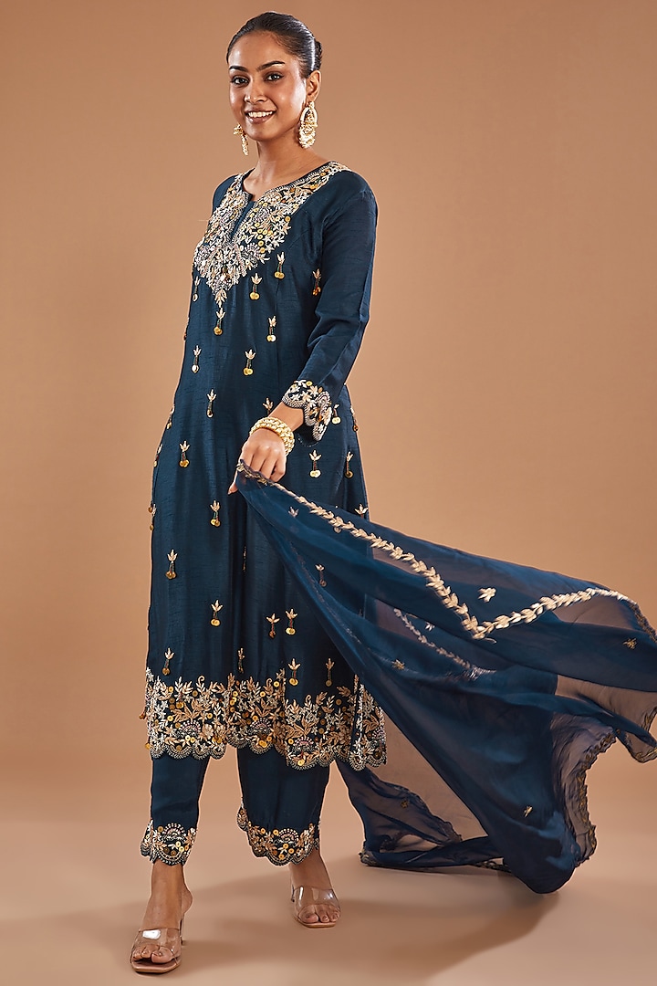 Blue Bemberg Silk Sequins & Gota Patti Embroidered Anarkali Set by Baidehi