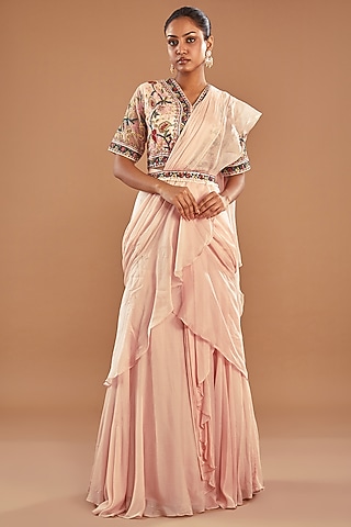 Baby Pink Chinon Georgette Draped Lehenga Saree Set by Baidehi